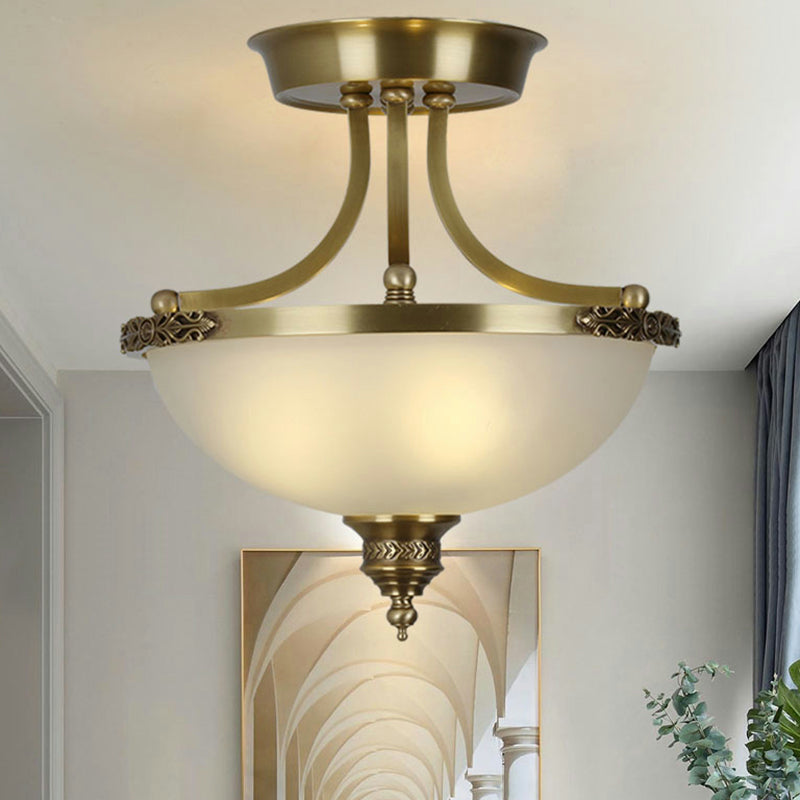Inverted Dome Corridor Chandelier Pendant Light Vintage Frosted Glass 3 Bulbs Gold Hanging Light