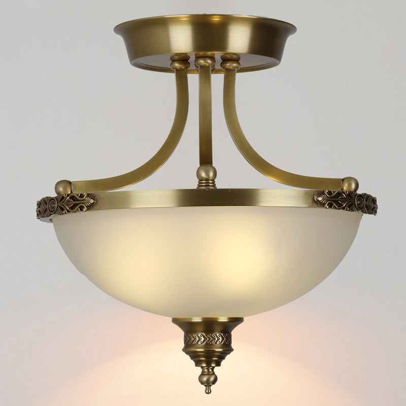 Inverted Dome Corridor Chandelier Pendant Light Vintage Frosted Glass 3 Bulbs Gold Hanging Light
