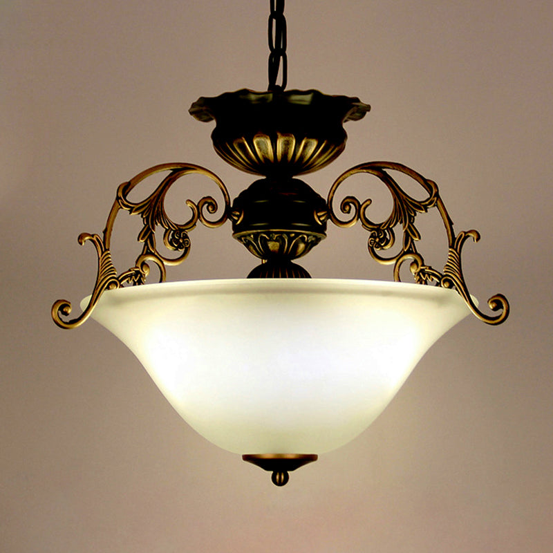 Vintage Inverted Dome Ceiling Lighting 3 Heads Frosted Glass Hanging Light in Gold-Black
