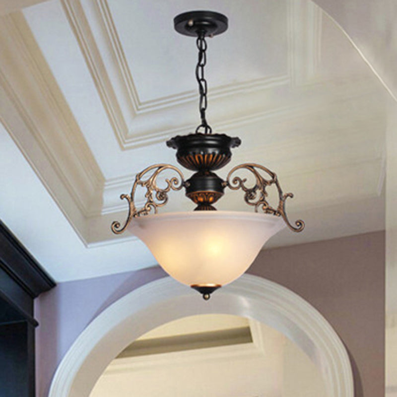 Vintage Inverted Dome Ceiling Lighting 3 Heads Frosted Glass Hanging Light in Gold-Black