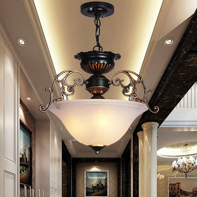 Vintage Inverted Dome Ceiling Lighting 3 Heads Frosted Glass Hanging Light in Gold-Black