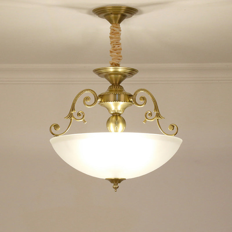 3 Heads Chandelier Light Retro Bowl Frosted Glass Pendant Lighting Fixture in Gold