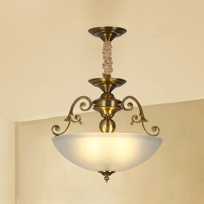 3 Heads Chandelier Light Retro Bowl Frosted Glass Pendant Lighting Fixture in Gold