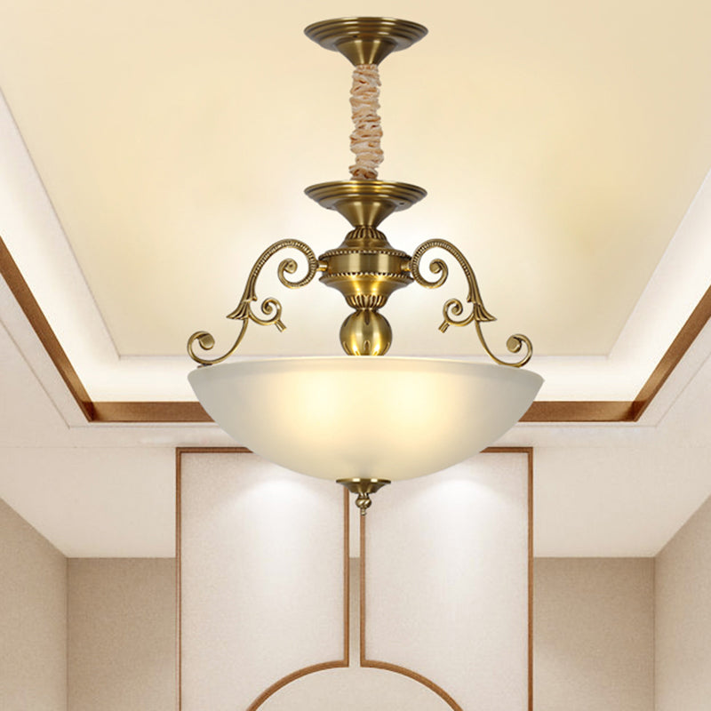 3 Heads Chandelier Light Retro Bowl Frosted Glass Pendant Lighting Fixture in Gold