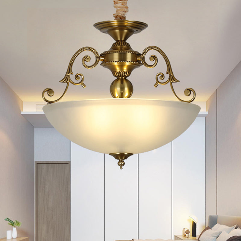3 Heads Chandelier Light Retro Bowl Frosted Glass Pendant Lighting Fixture in Gold