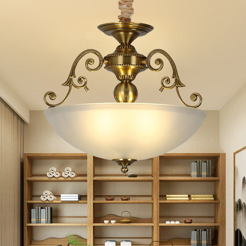 3 Heads Chandelier Light Retro Bowl Frosted Glass Pendant Lighting Fixture in Gold