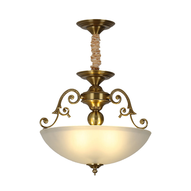 3 Heads Chandelier Light Retro Bowl Frosted Glass Pendant Lighting Fixture in Gold