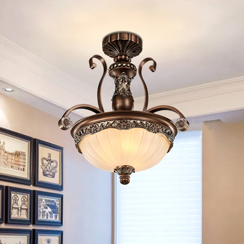 Bowl Etched Ribbed Glass Suspension Light Rustic 3 Heads Corridor Chandelier Light in Bronze