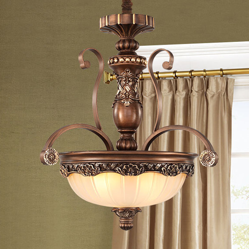 Bowl Etched Ribbed Glass Suspension Light Rustic 3 Heads Corridor Chandelier Light in Bronze