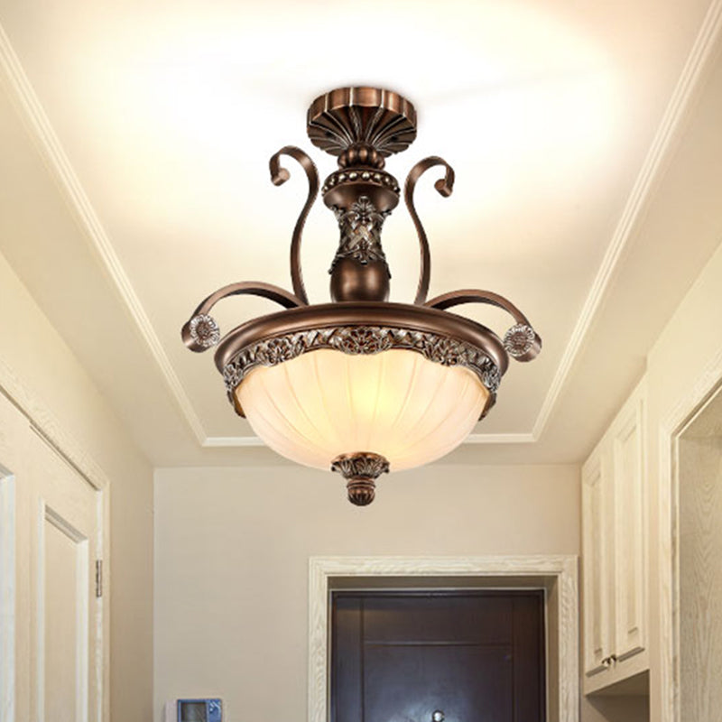 Bowl Etched Ribbed Glass Suspension Light Rustic 3 Heads Corridor Chandelier Light in Bronze