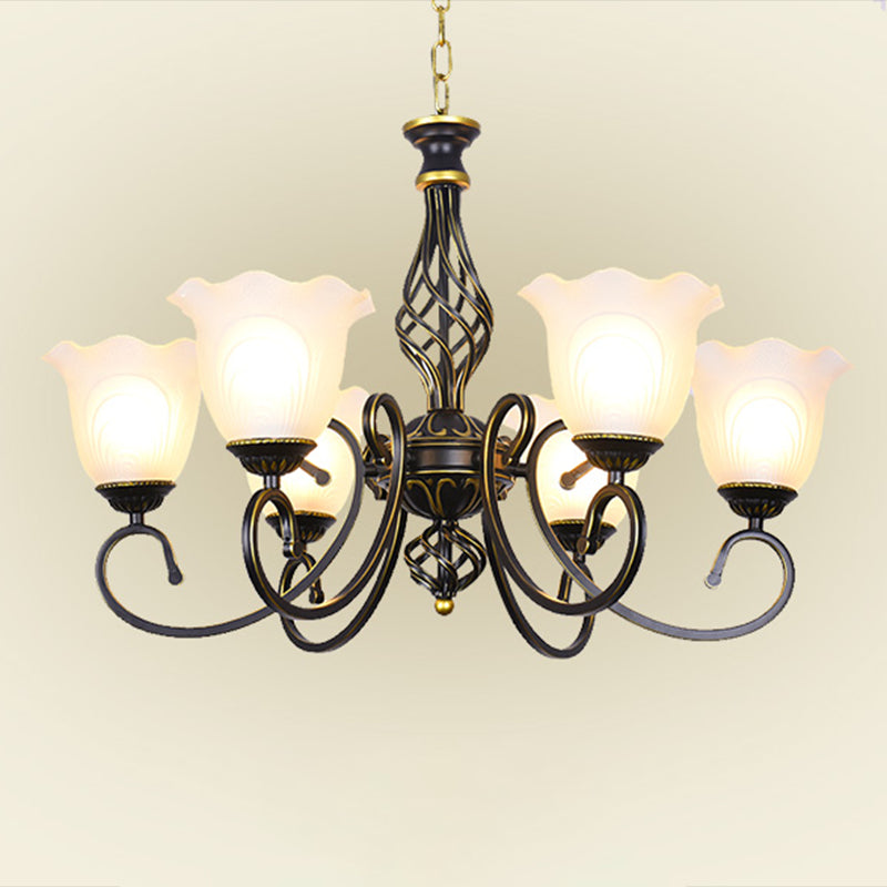 Ruffle Glass Floral Shade Chandelier Lighting Classic Living Room Pendant Light with Scroll Arm