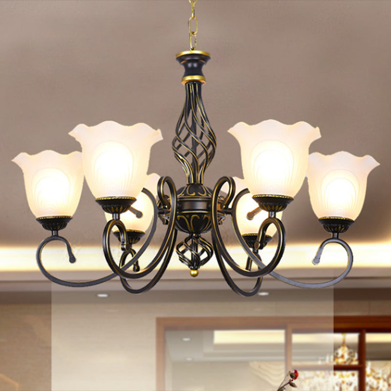 Ruffle Glass Floral Shade Chandelier Lighting Classic Living Room Pendant Light with Scroll Arm