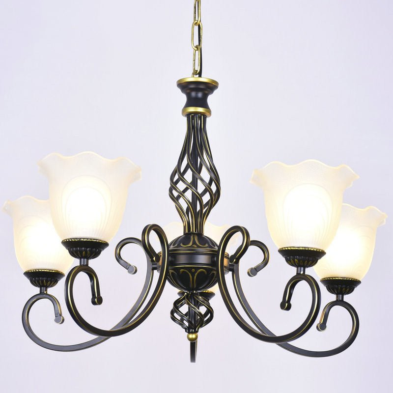 Ruffle Glass Floral Shade Chandelier Lighting Classic Living Room Pendant Light with Scroll Arm