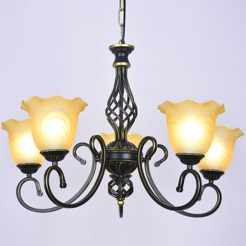 Ruffle Glass Floral Shade Chandelier Lighting Classic Living Room Pendant Light with Scroll Arm