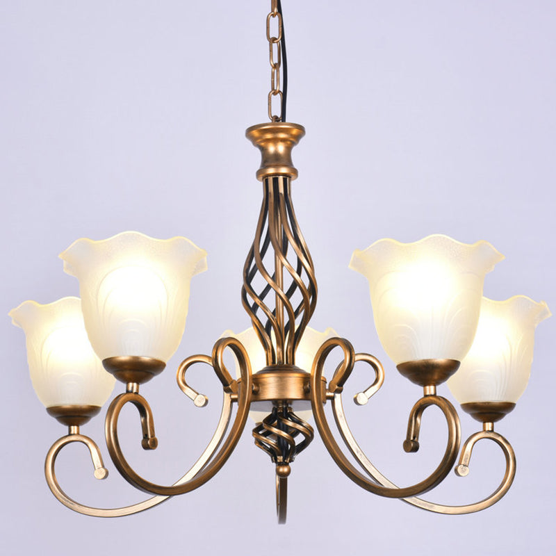 Ruffle Glass Floral Shade Chandelier Lighting Classic Living Room Pendant Light with Scroll Arm