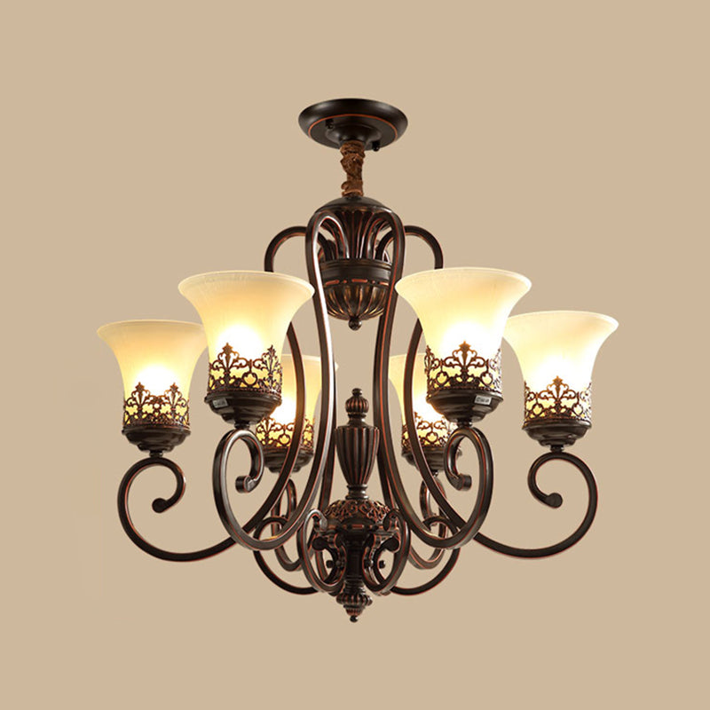 Red-Black Flared Shade Ceiling Lighting Traditional Frosted Glass Living Room Chandelier Light Fixture
