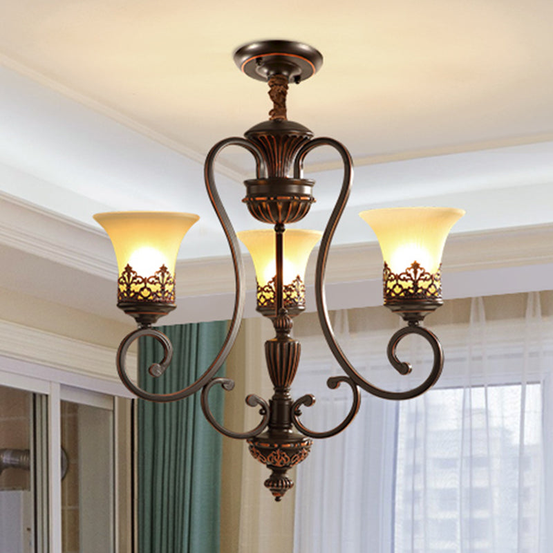 Red-Black Flared Shade Ceiling Lighting Traditional Frosted Glass Living Room Chandelier Light Fixture