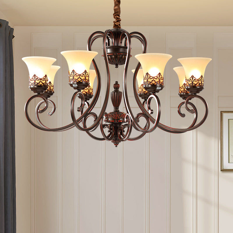 Red-Black Flared Shade Ceiling Lighting Traditional Frosted Glass Living Room Chandelier Light Fixture