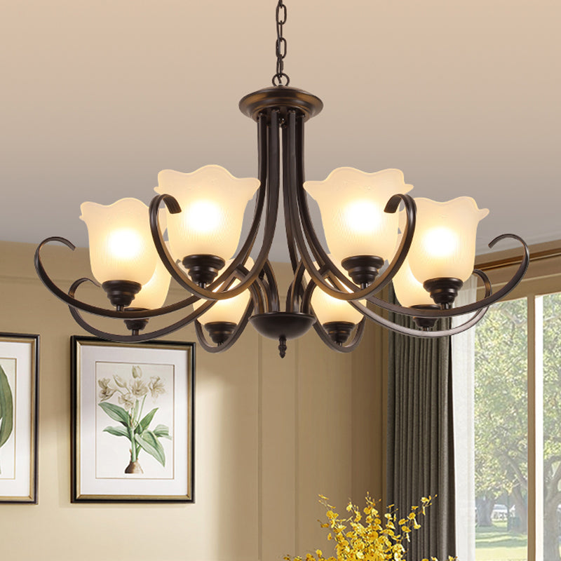 Retro Style Floral Shade Chandelier Light Frosted Glass Pendant Light Fixture with Curved Arm
