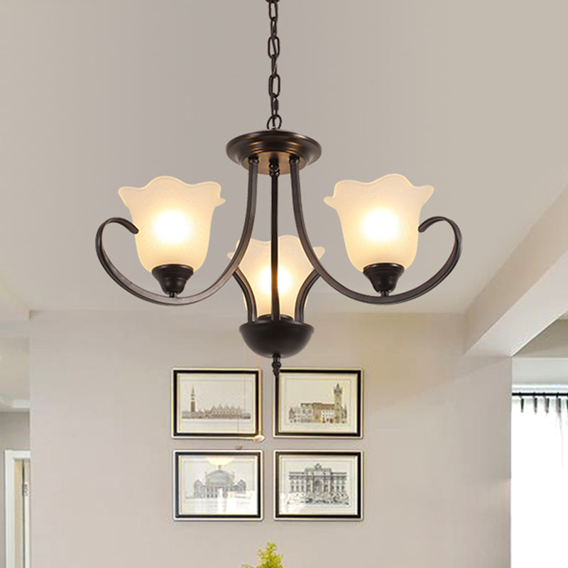 Retro Style Floral Shade Chandelier Light Frosted Glass Pendant Light Fixture with Curved Arm