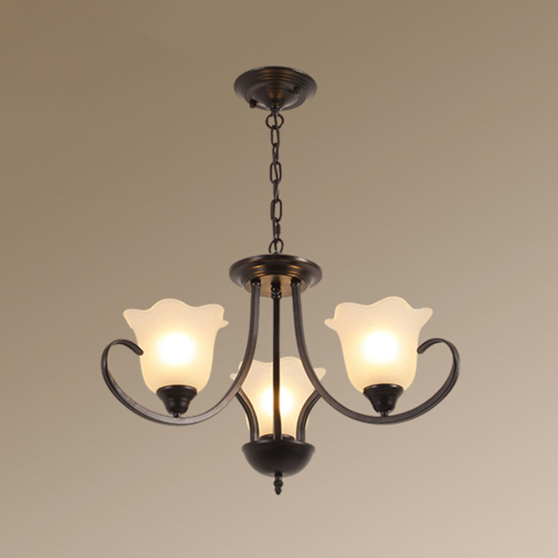 Retro Style Floral Shade Chandelier Light Frosted Glass Pendant Light Fixture with Curved Arm