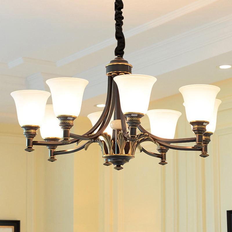 Flared Frosted Glass Suspension Light Rustic Living Room Chandelier Light in Black