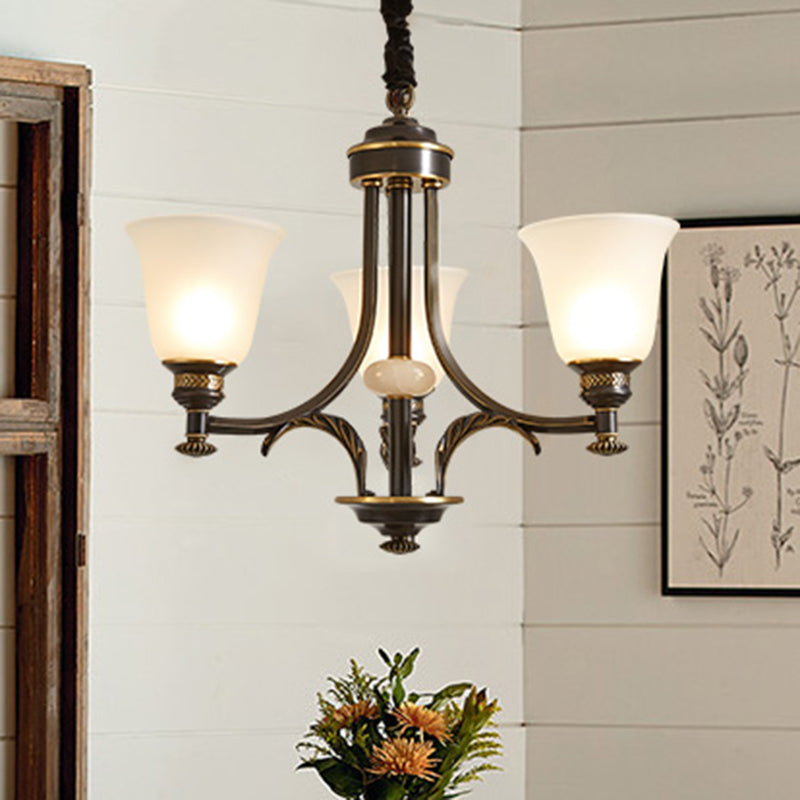 Flared Frosted Glass Suspension Light Rustic Living Room Chandelier Light in Black