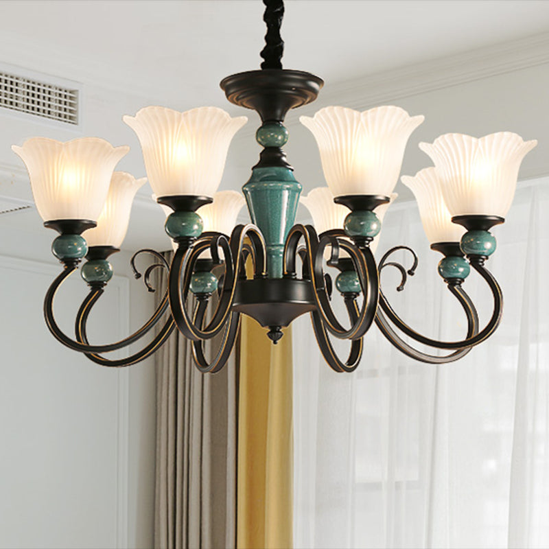 Flower Shade Ribbed Ruffled Glass Ceiling Lighting Traditional Living Room Chandelier Light Fixture