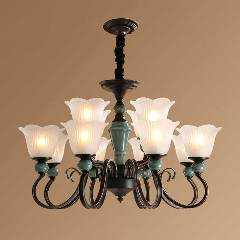 Flower Shade Ribbed Ruffled Glass Ceiling Lighting Traditional Living Room Chandelier Light Fixture