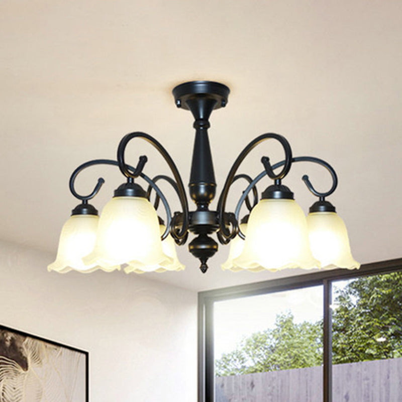 Ruffle Glass Floral Shade Chandelier Pendant Light Vintage Dining Room Hanging Light in Black