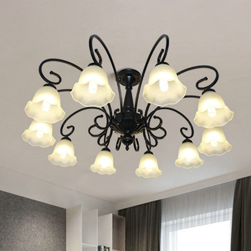 Ruffle Glass Floral Shade Chandelier Pendant Light Vintage Dining Room Hanging Light in Black