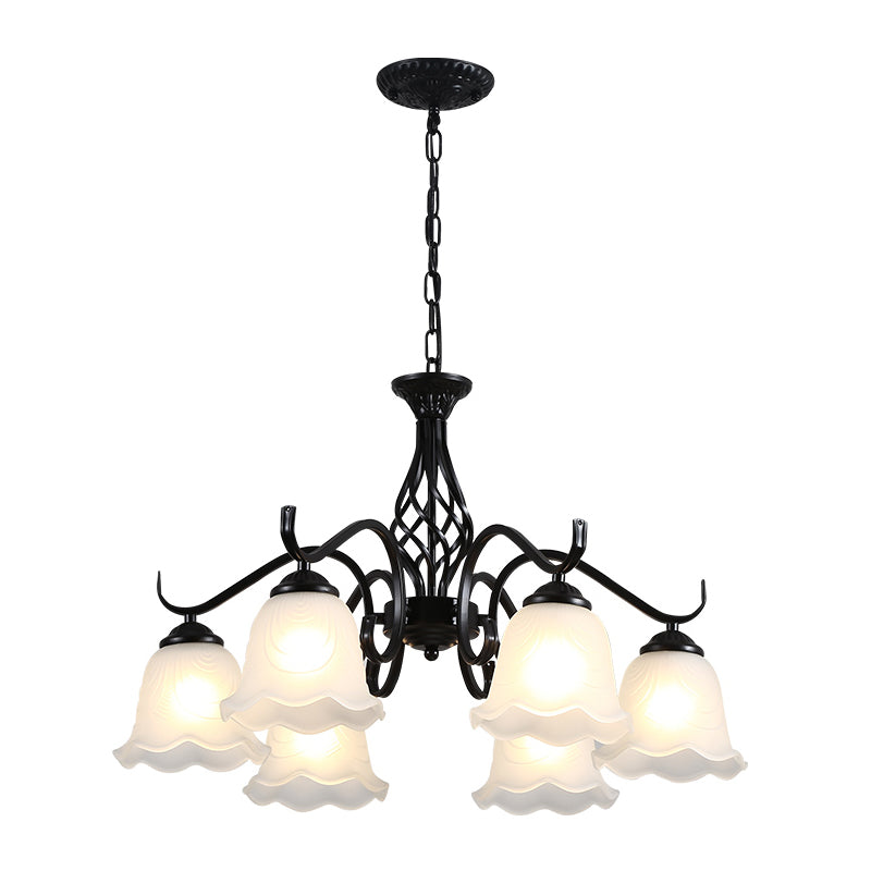 Retro Bell Chandelier Light Ruffle Glass Pendant Light Fixture with Curved Arm for Dining Room