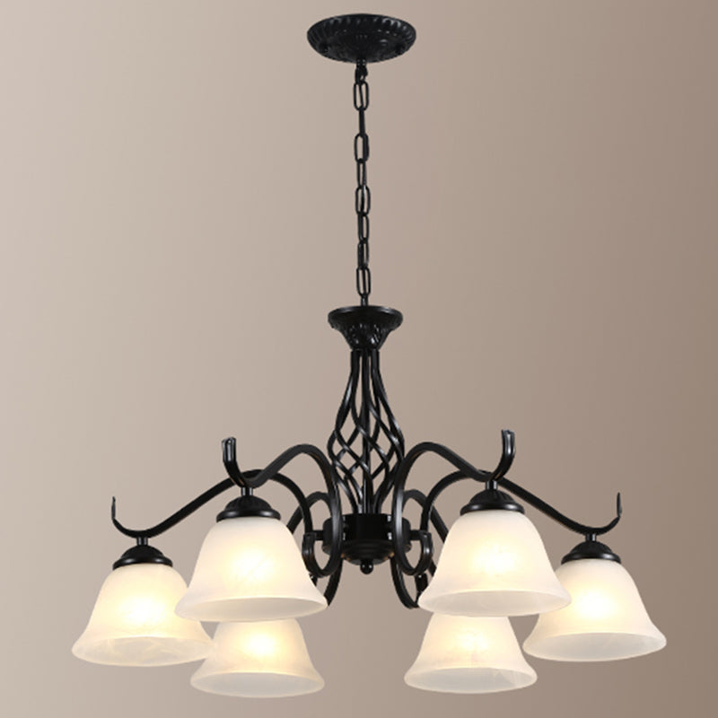 Retro Bell Chandelier Light Ruffle Glass Pendant Light Fixture with Curved Arm for Dining Room