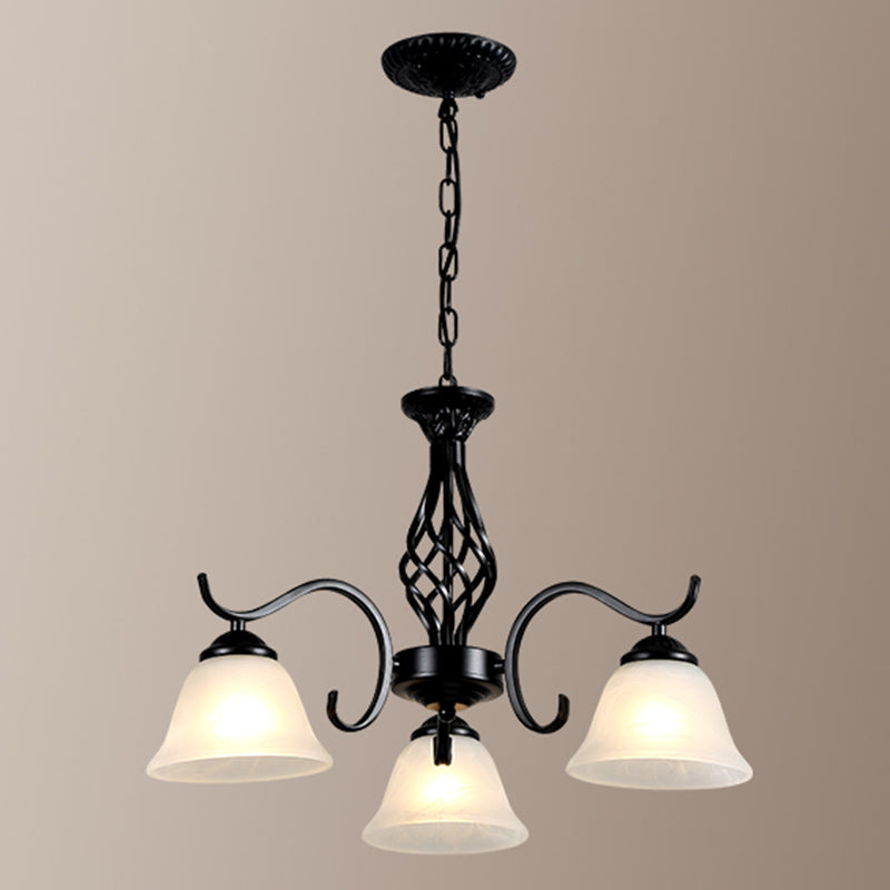 Retro Bell Chandelier Light Ruffle Glass Pendant Light Fixture with Curved Arm for Dining Room