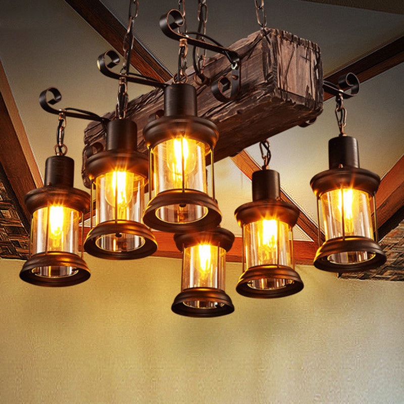 Retro Style Lantern Ceiling Lighting Iron Chandelier Light Fixture in Wood for Restaurant