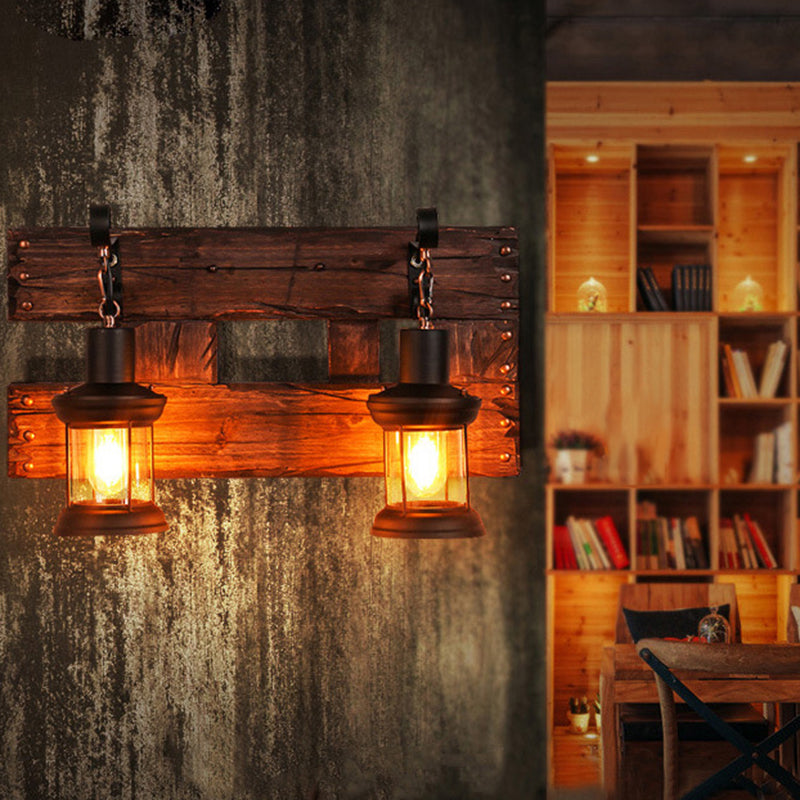 Retro Style Lantern Ceiling Lighting Iron Chandelier Light Fixture in Wood for Restaurant