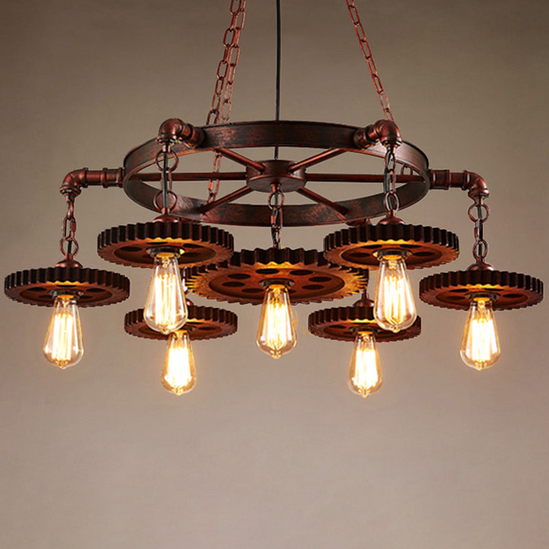 Industrial Wagon Wheel Chandelier Lighting Iron Pendant Light with Clear Glass Shade in Bronze