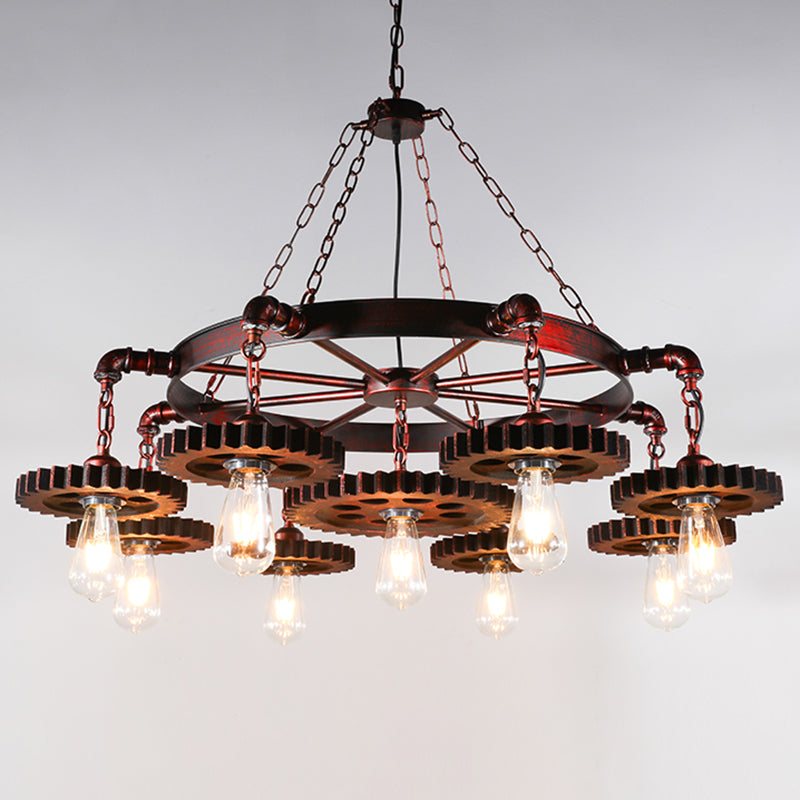 Industrial Wagon Wheel Chandelier Lighting Iron Pendant Light with Clear Glass Shade in Bronze