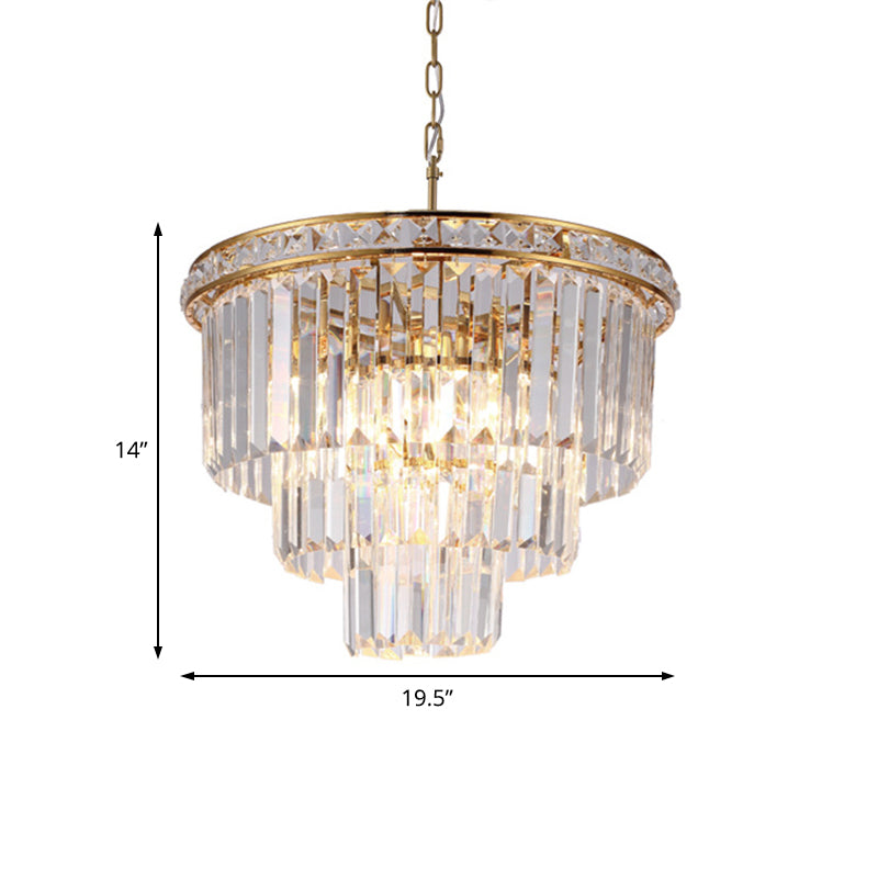 Luce a soffitto a quattro livelli moderni sfaccettate di cristallo ottico a 6 luci Luce lampadario in ottone, larghezza 19,5 "/23,5"