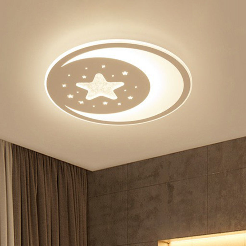 Crescent and Star Metallic LED Flush Mount Modern White Flushmount Ceiling Light for Kids Bedroom