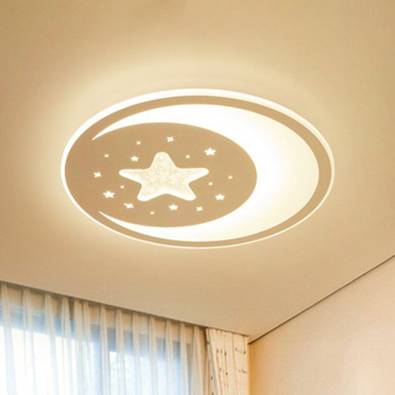Crescent and Star Metallic LED Flush Mount Modern White Flushmount Ceiling Light for Kids Bedroom
