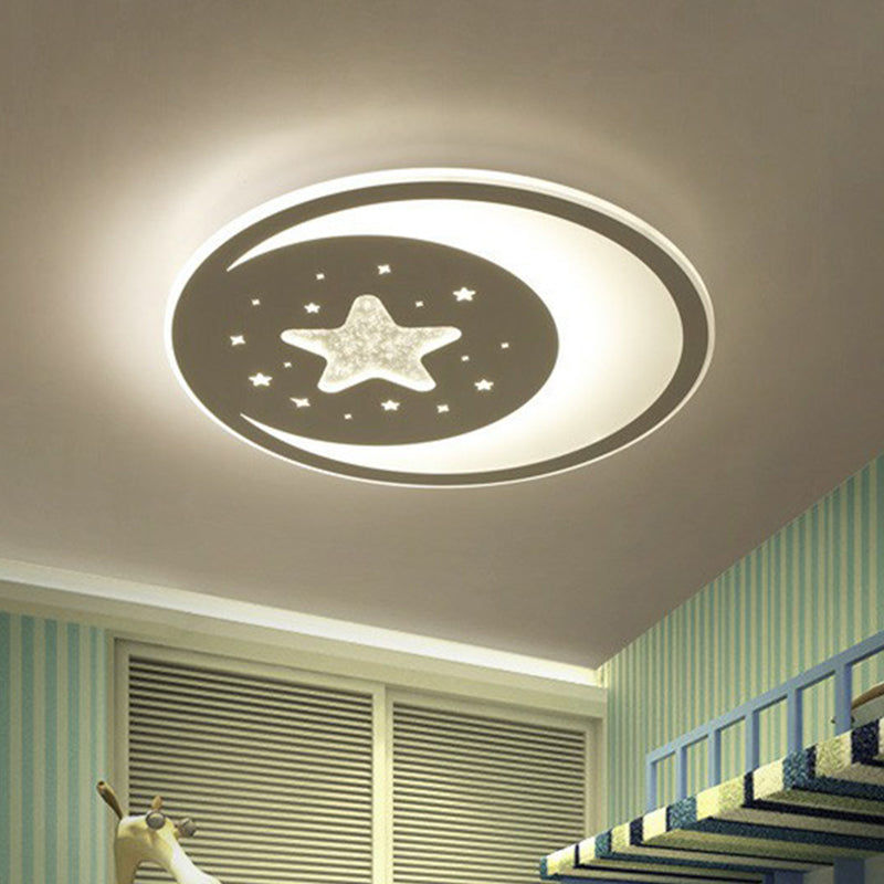 Crescent and Star Metallic LED Flush Mount Modern White Flushmount Ceiling Light for Kids Bedroom