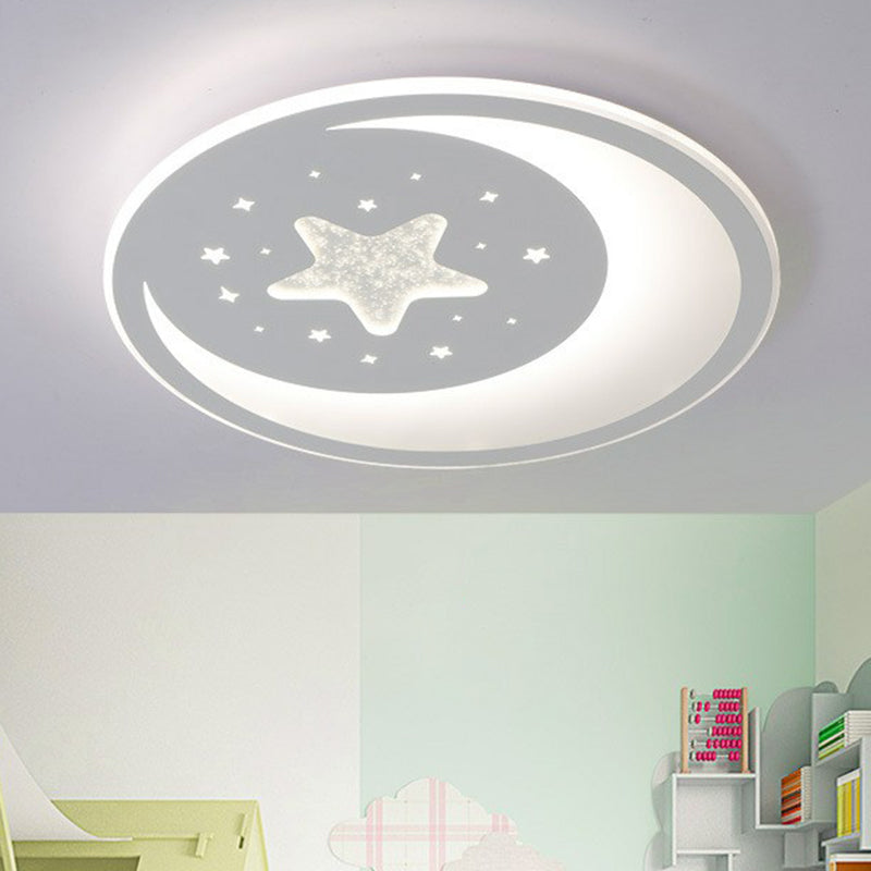 Crescent and Star Metallic LED Flush Mount Modern White Flushmount Ceiling Light for Kids Bedroom