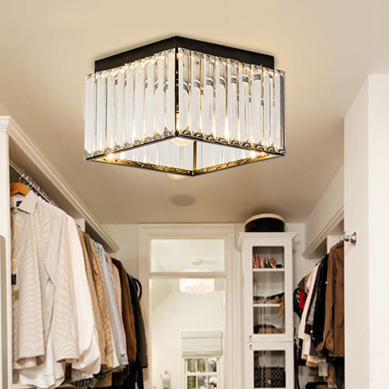 Square Flush Mount Ceiling Light Modern Rectangular-Cut Crystal 1 Light Black Ceiling Light