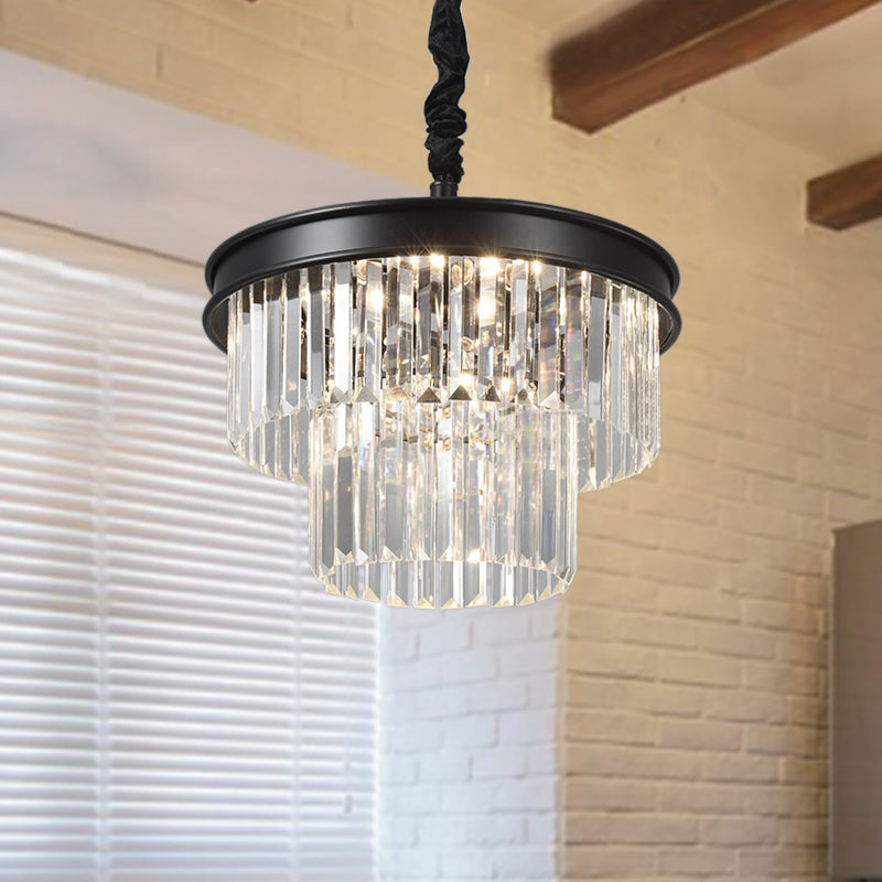 Clear Crystal Glass Tiered Ceiling Light Postmodern 9/12 Lights Black Chandelier Light, 16"/23" Wide