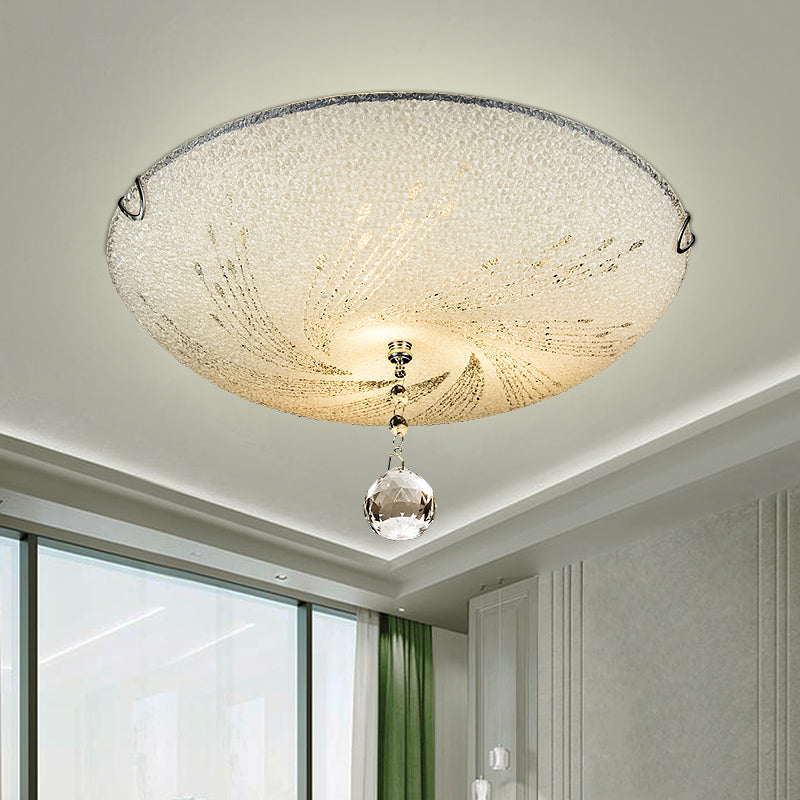 Plafonnier en forme de dôme moderne en verre dépoli, 3 lumières, plafond blanc, avec goutte de cristal