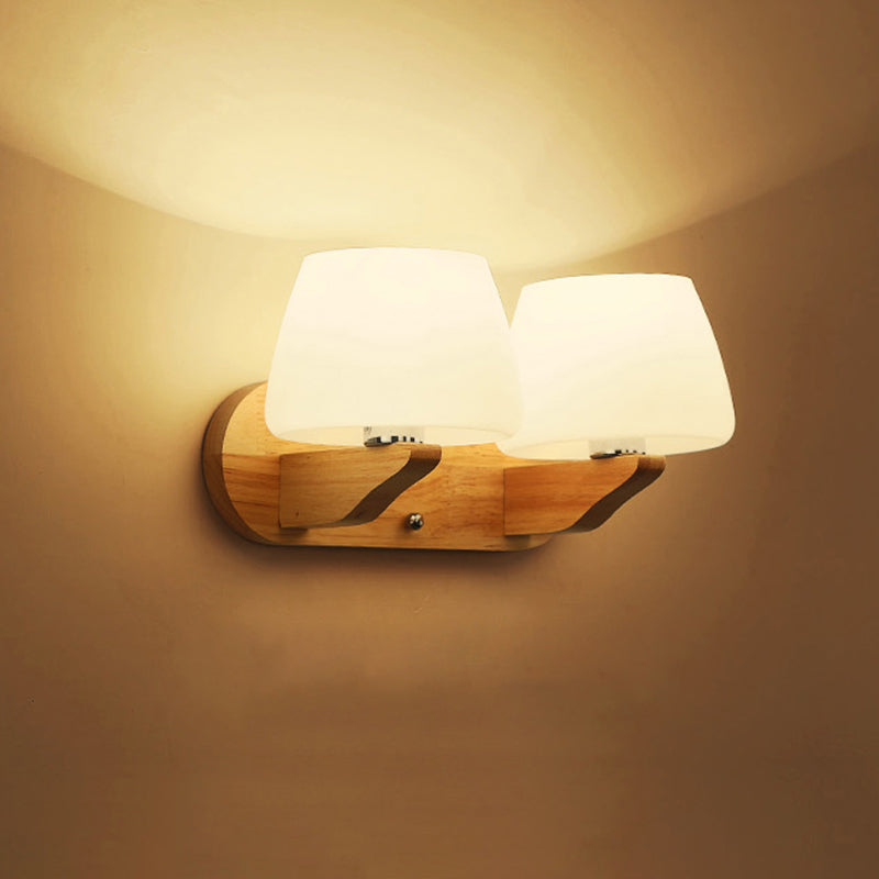 White Glass Bud Wall Sconce Lamp Nordic Style Wall Lighting Fixture with Wooden Backplate