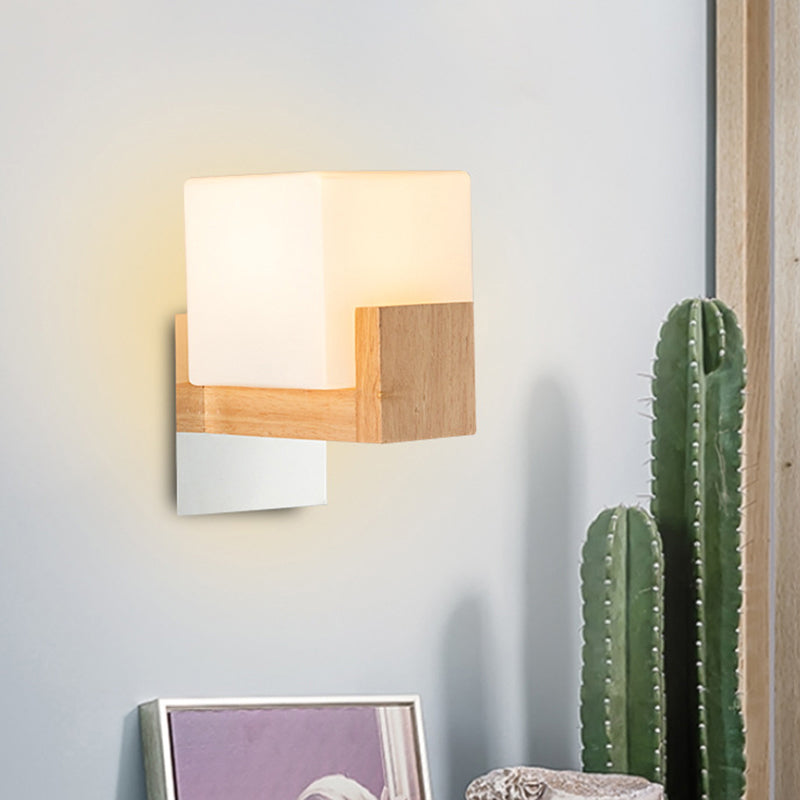 Cube Bedside Wall Sconce Lamp White Glass Single Modern Style Wall Lighting Fixture with Wooden Backplate