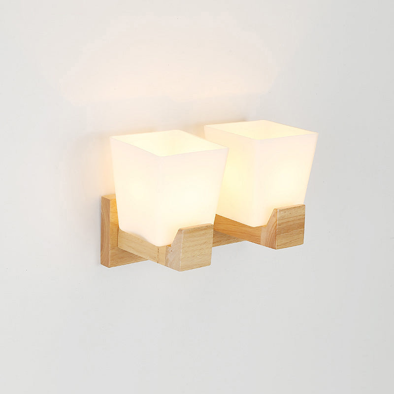 Simplicity Trapezoid Wall Sconce Light White Glass Bedside Wall Mount Lighting with Wood Backplate