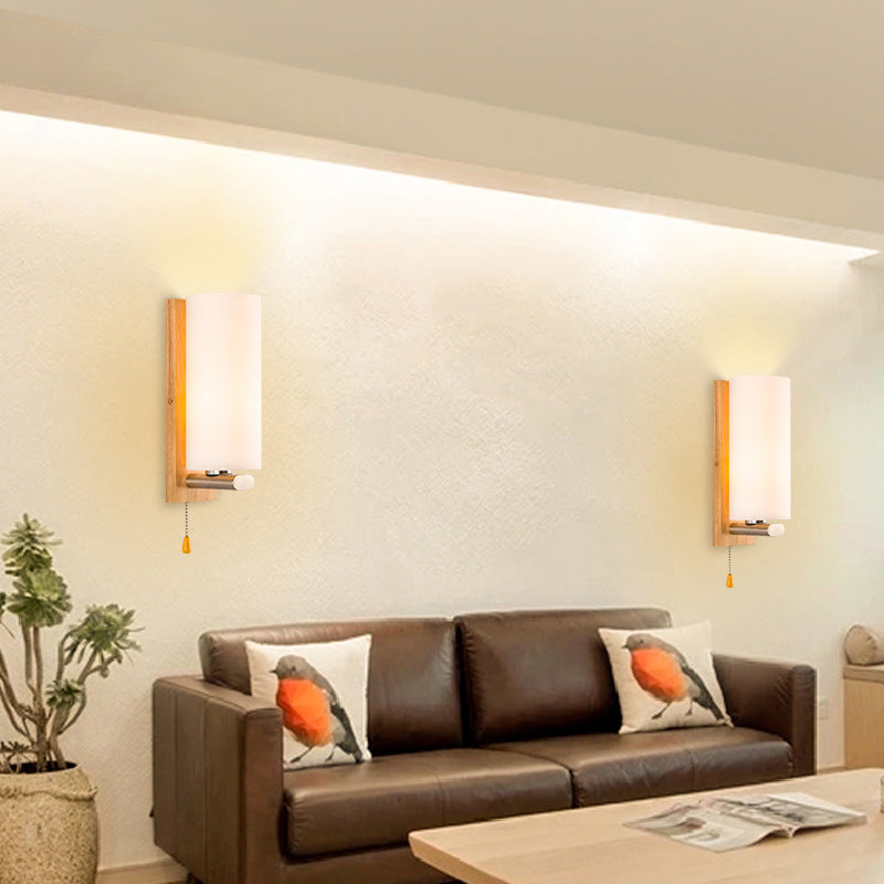 Cylindrical Bedside Wall Mounted Light White Glass Single Simplicity Wall Sconce Lighting with Pull Chain